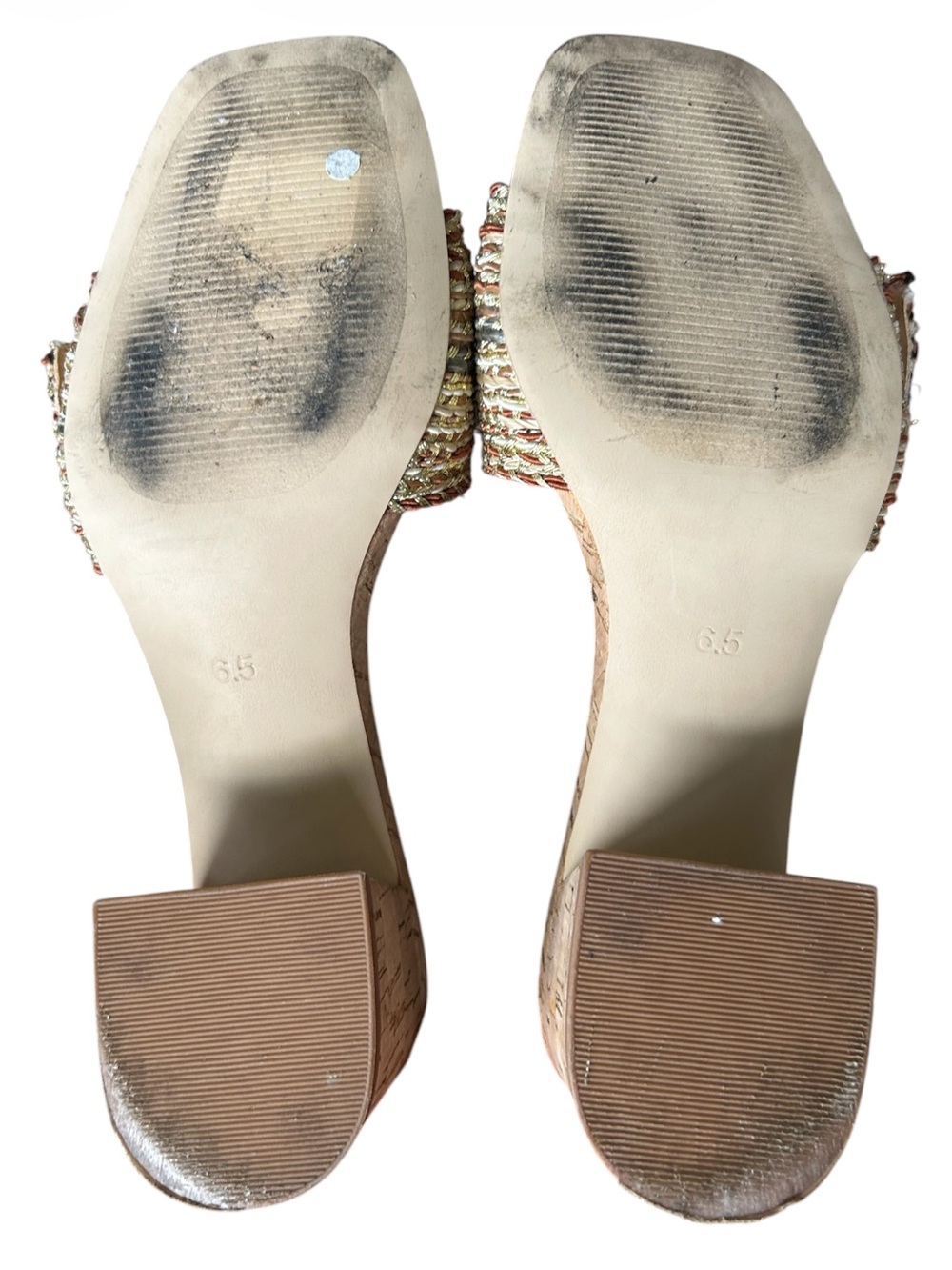 Steve Madden Seacrest Gold Multi Raffia Cork Block Heel Sandals Excellent 6.5 - Picture 8 of 10